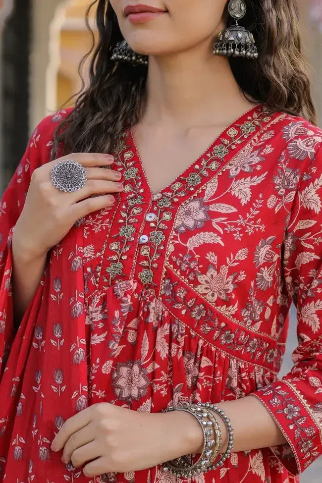 Premium Red Floral Printed Anarkali Kurta Set with Matching Dupatta