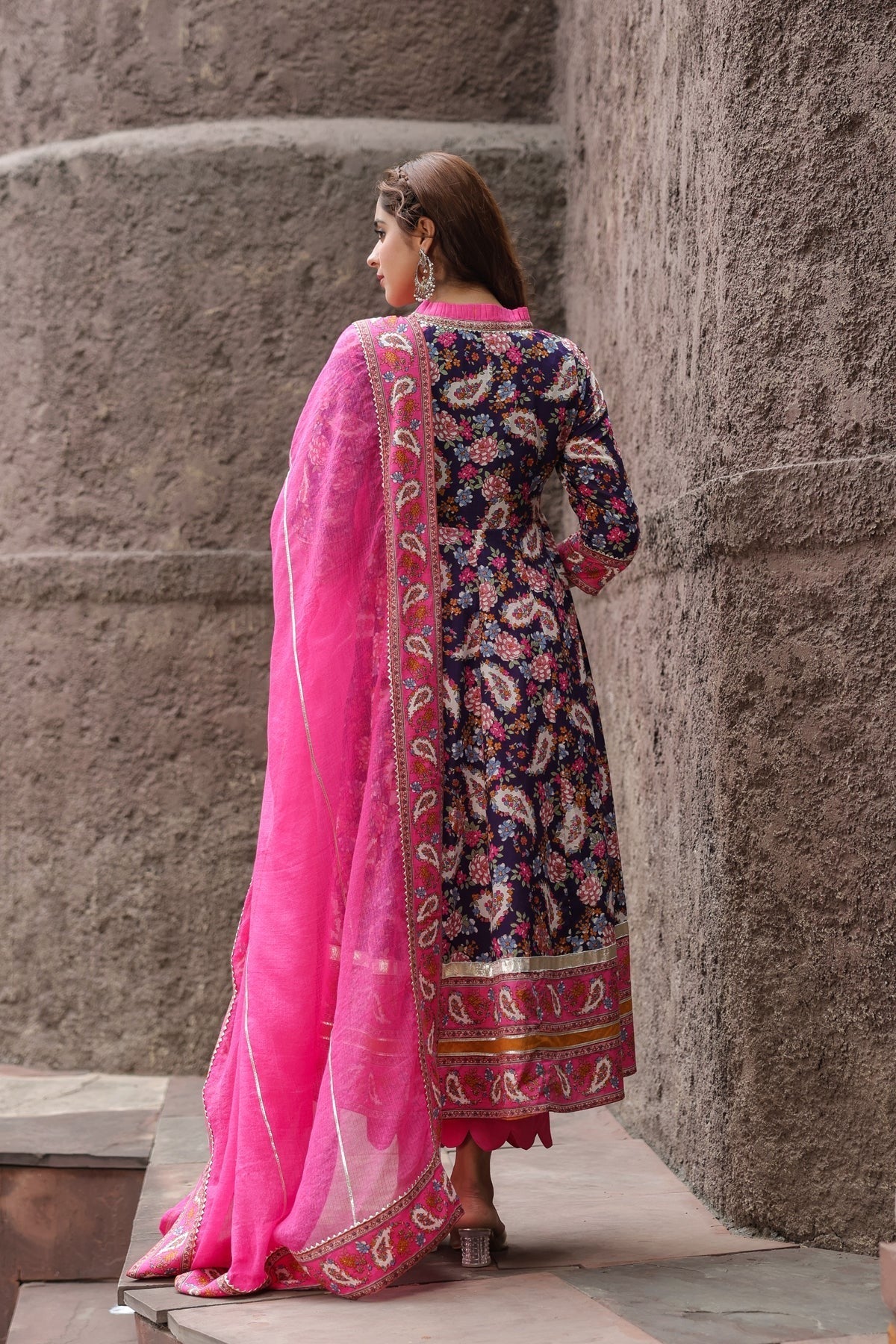 Premium Navy Blue Floral Printed Anarkali Kurta Set with Pink Dupatta