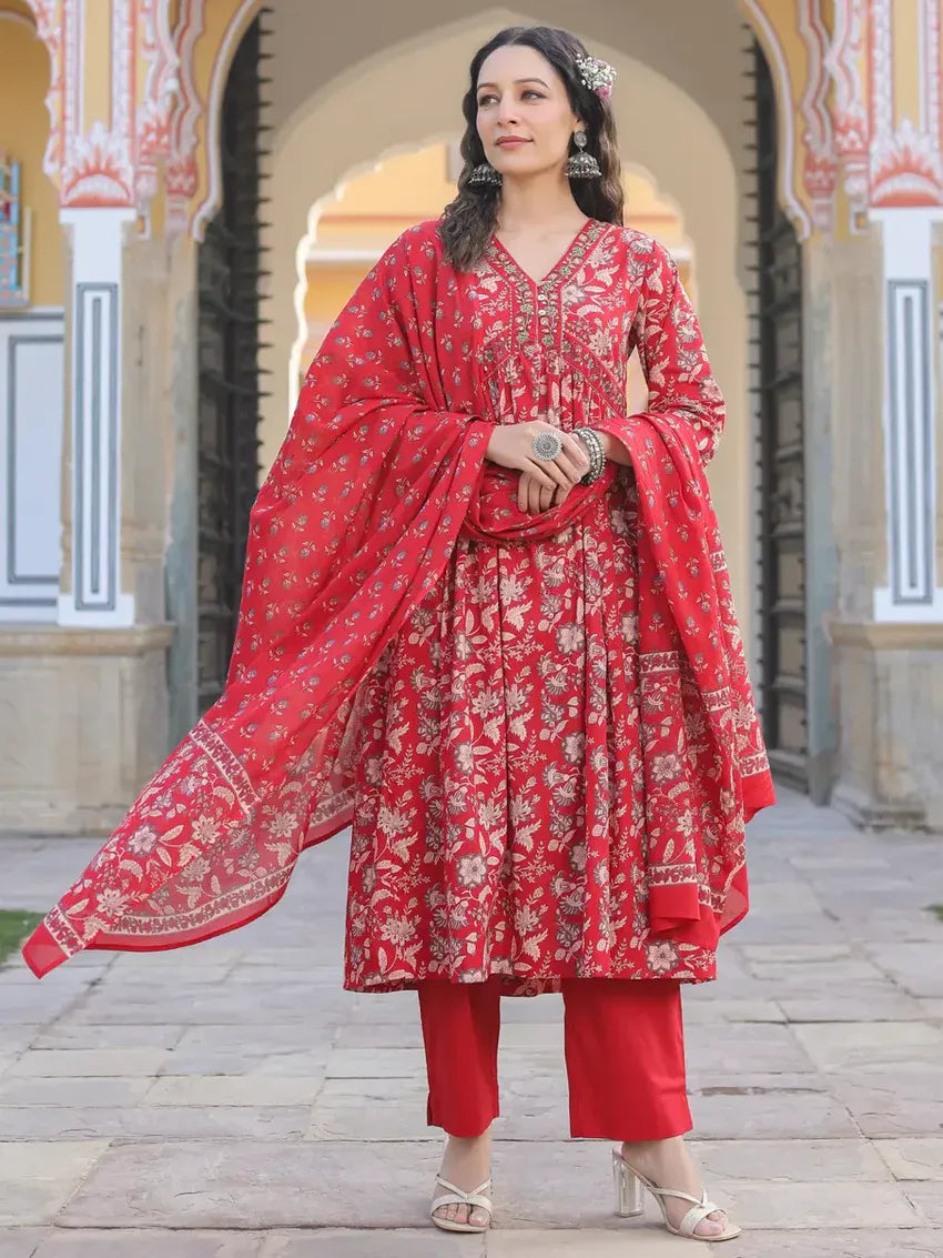 Premium Red Floral Printed Anarkali Kurta Set with Matching Dupatta