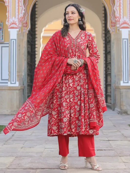 Premium Red Floral Printed Anarkali Kurta Set with Matching Dupatta