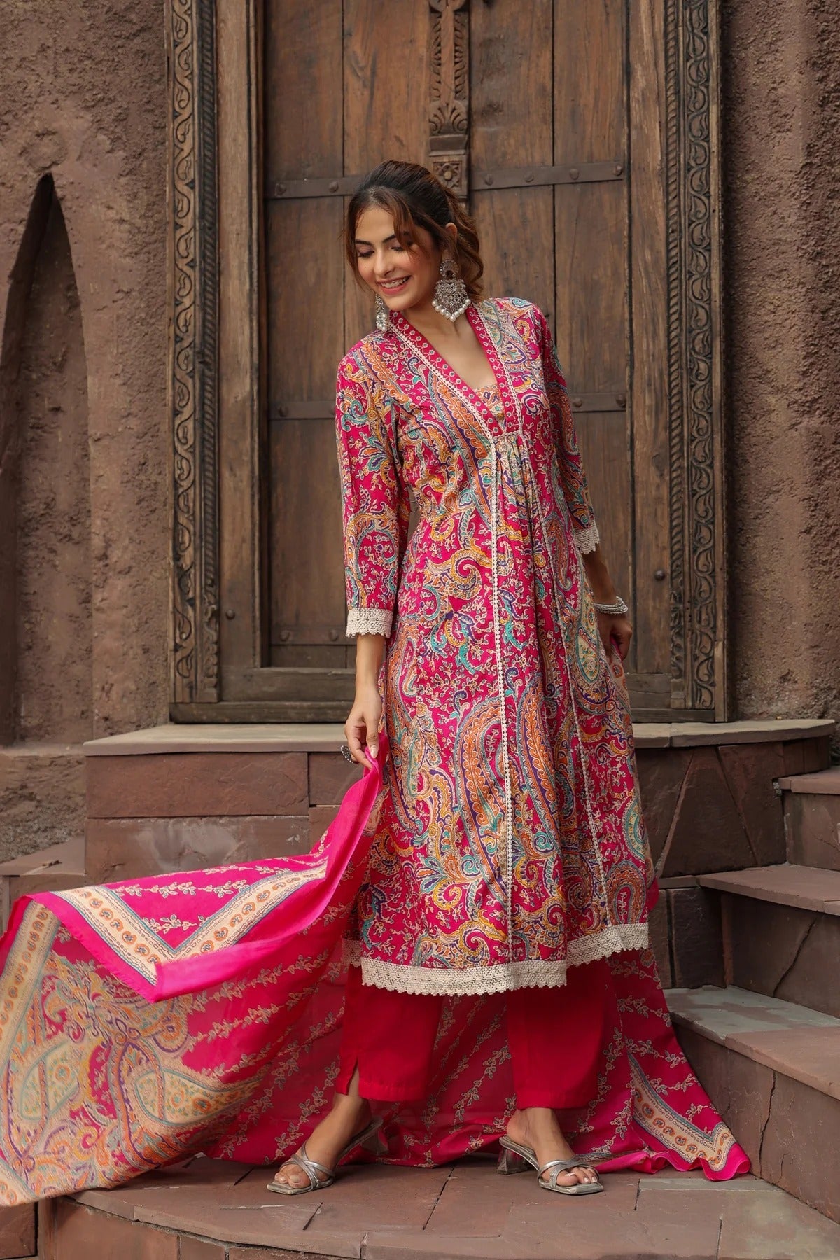 Premium Pink Paisley Printed Cotton Blend Anarkali Kurta Set with Dupatta