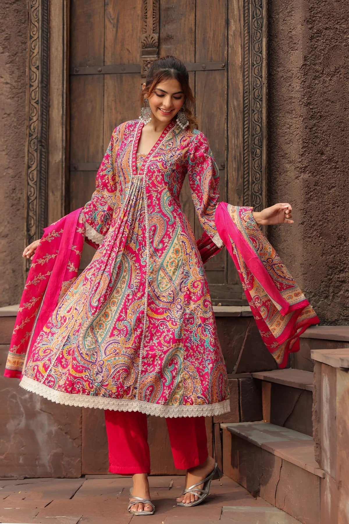Premium Pink Paisley Printed Cotton Blend Anarkali Kurta Set with Dupatta