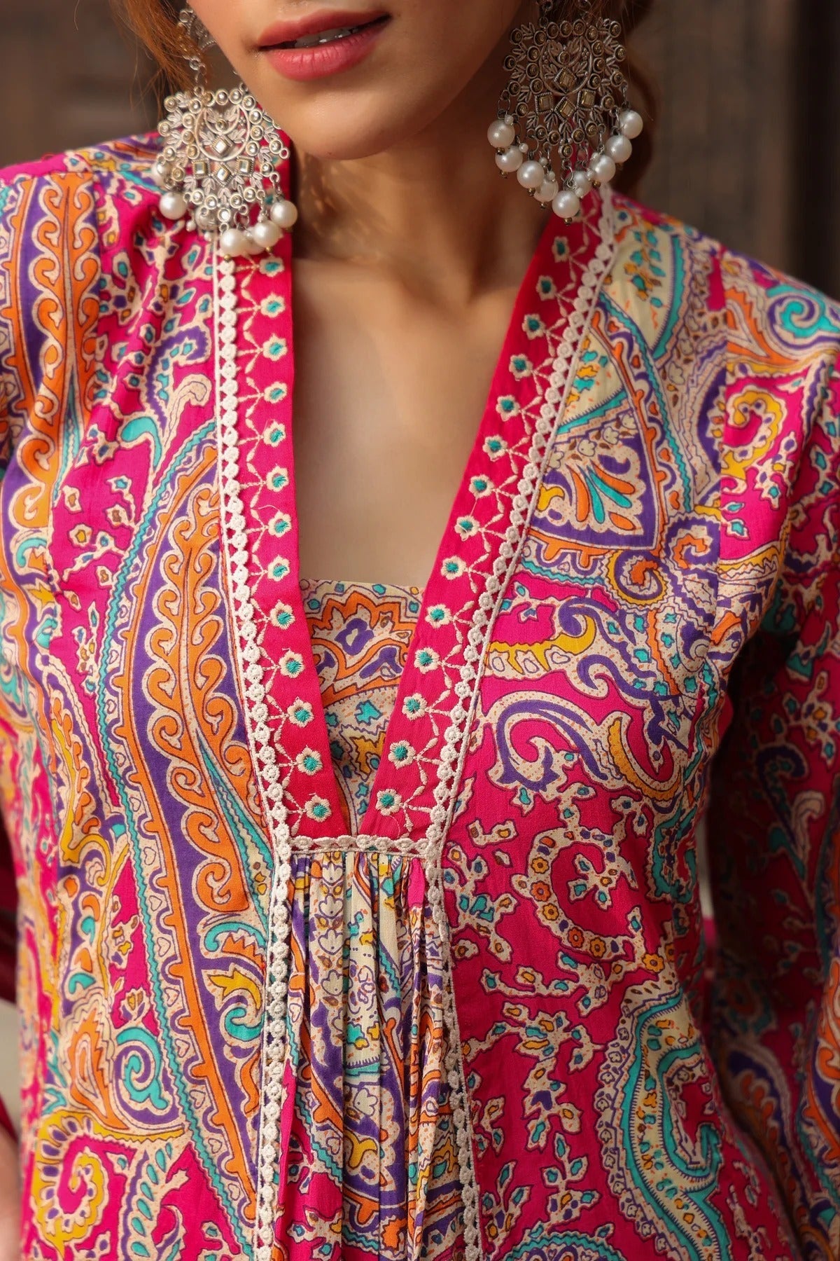 Premium Pink Paisley Printed Cotton Blend Anarkali Kurta Set with Dupatta