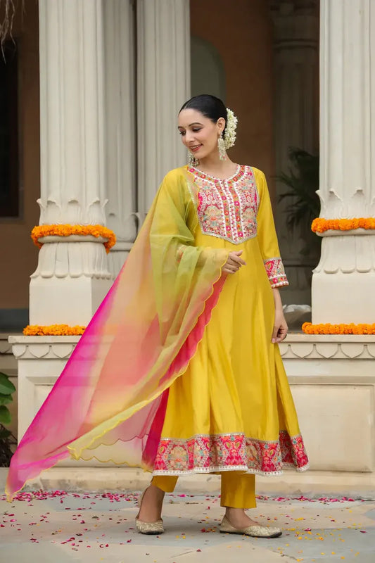 Premium Mustard Yellow Embroidered Anarkali Kurta Set with Multicolor Organza Dupatta