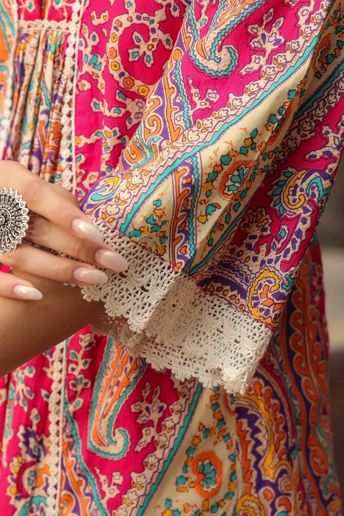 Premium Pink Paisley Printed Cotton Blend Anarkali Kurta Set with Dupatta