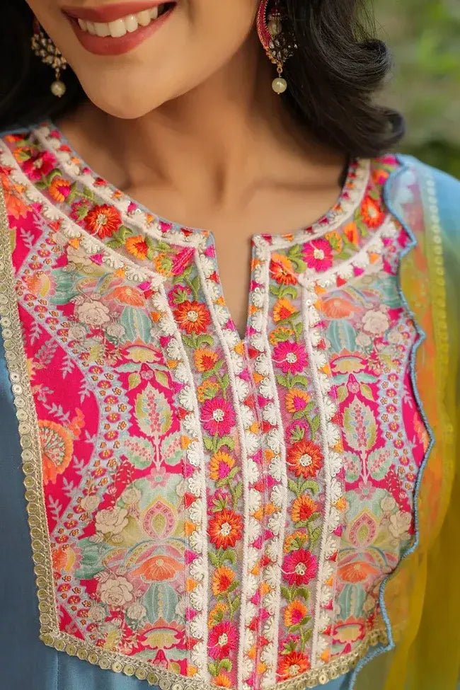 Premium Sky Blue Embroidered Anarkali Kurta Set with Multicolor Organza Dupatta