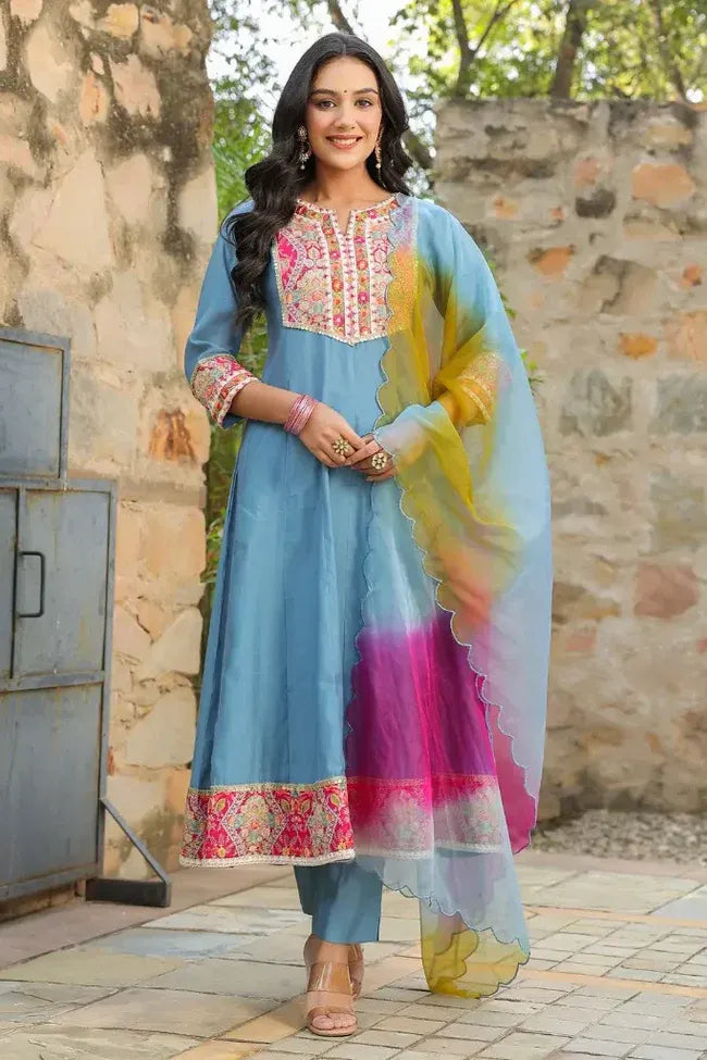 Premium Sky Blue Embroidered Anarkali Kurta Set with Multicolor Organza Dupatta