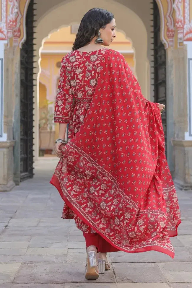 Premium Red Floral Printed Anarkali Kurta Set with Matching Dupatta
