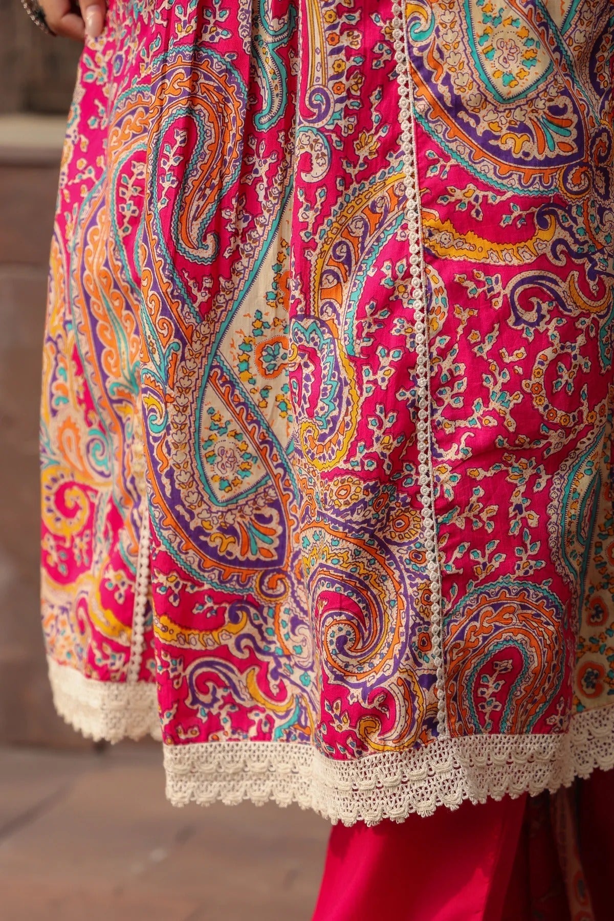 Premium Pink Paisley Printed Cotton Blend Anarkali Kurta Set with Dupatta
