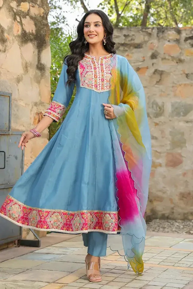 Premium Sky Blue Embroidered Anarkali Kurta Set with Multicolor Organza Dupatta