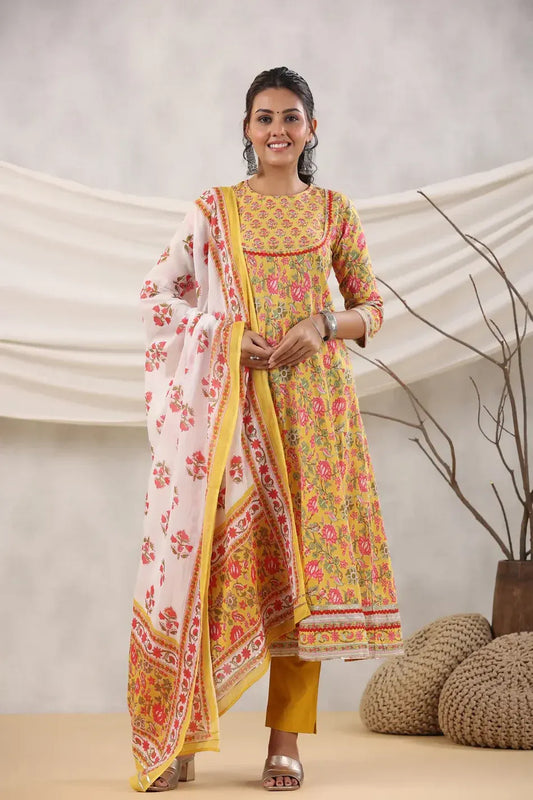 Premium Mustard Yellow Floral Printed Anarkali Kurta Set with Cotton Dupatta