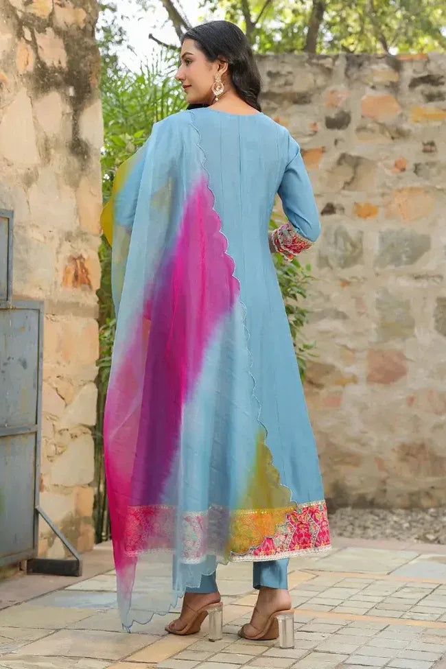 Premium Sky Blue Embroidered Anarkali Kurta Set with Multicolor Organza Dupatta