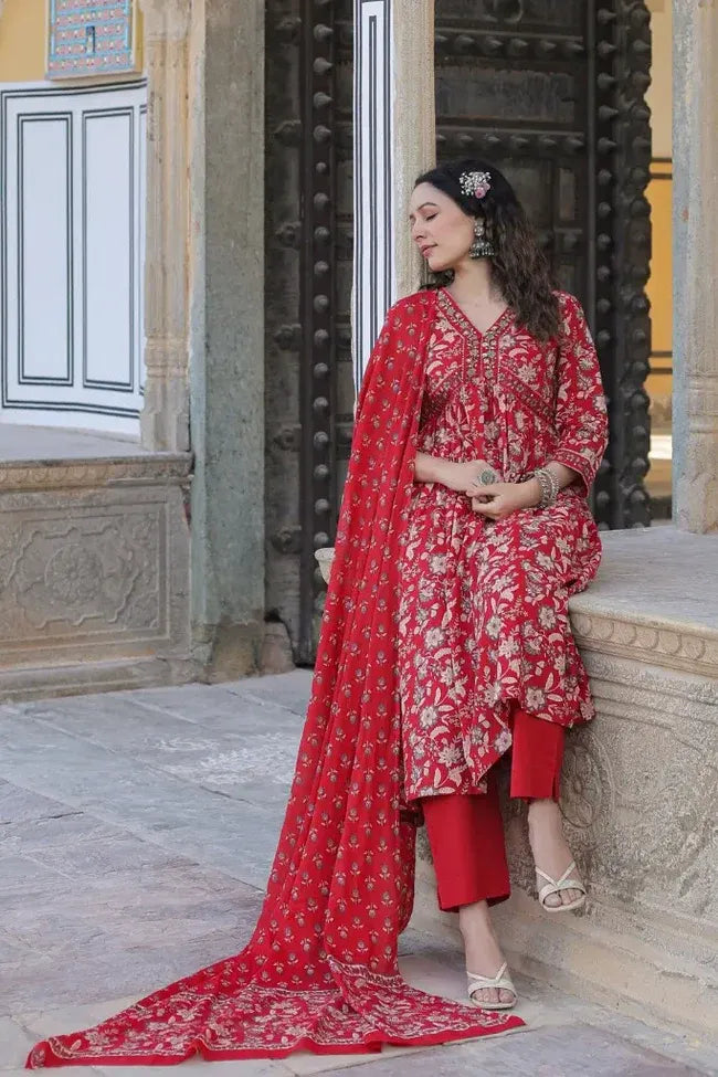 Premium Red Floral Printed Anarkali Kurta Set with Matching Dupatta