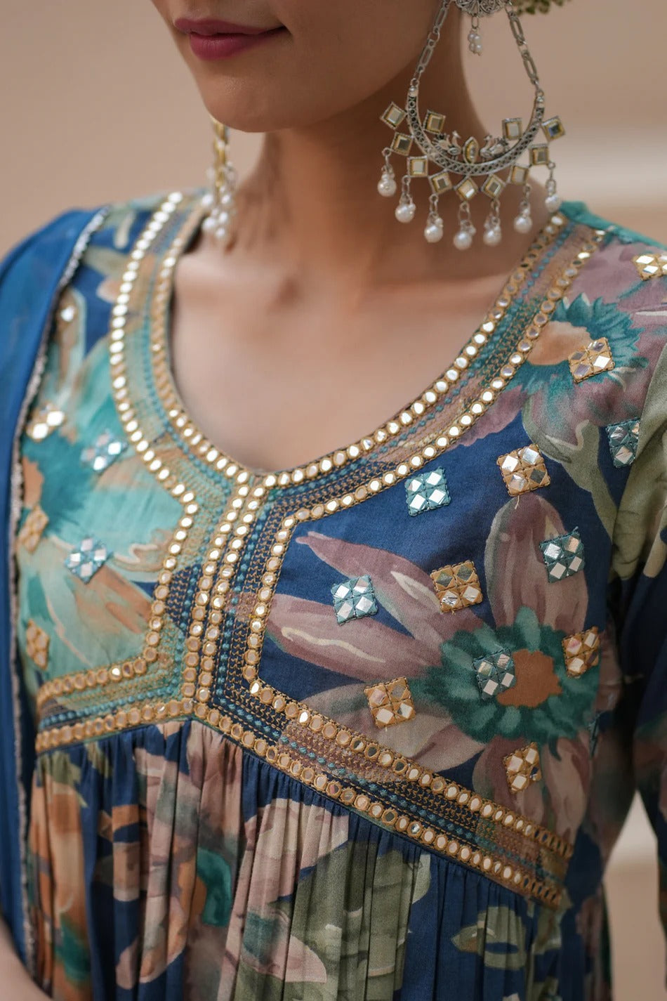 Premium Navy Blue Floral Printed Straight Kurta Set with Chiffon Dupatta