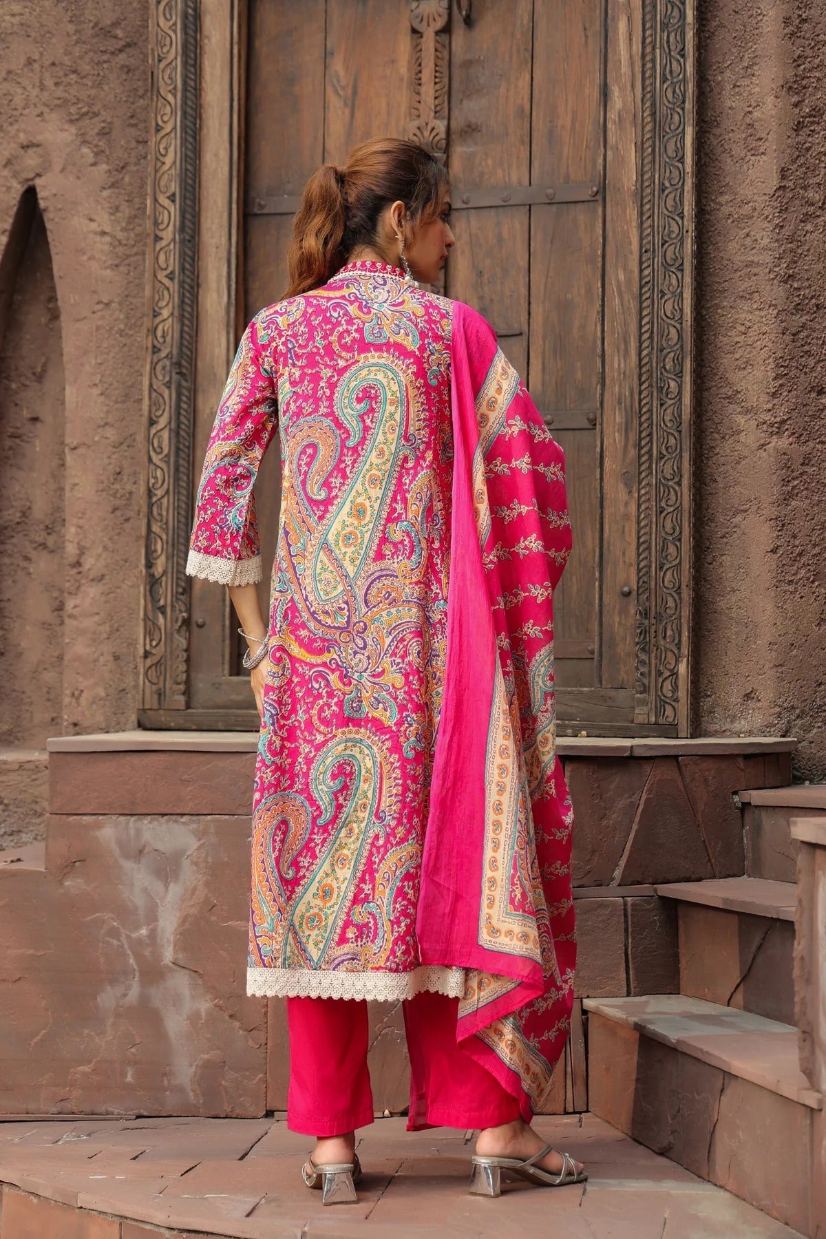 Premium Pink Paisley Printed Cotton Blend Anarkali Kurta Set with Dupatta