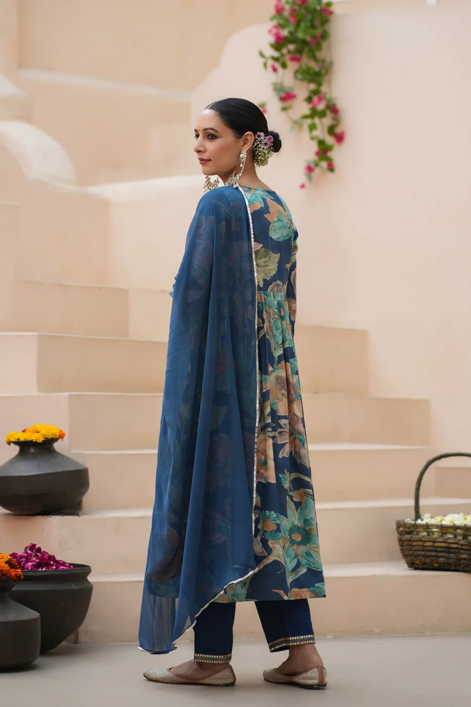 Premium Navy Blue Floral Printed Straight Kurta Set with Chiffon Dupatta