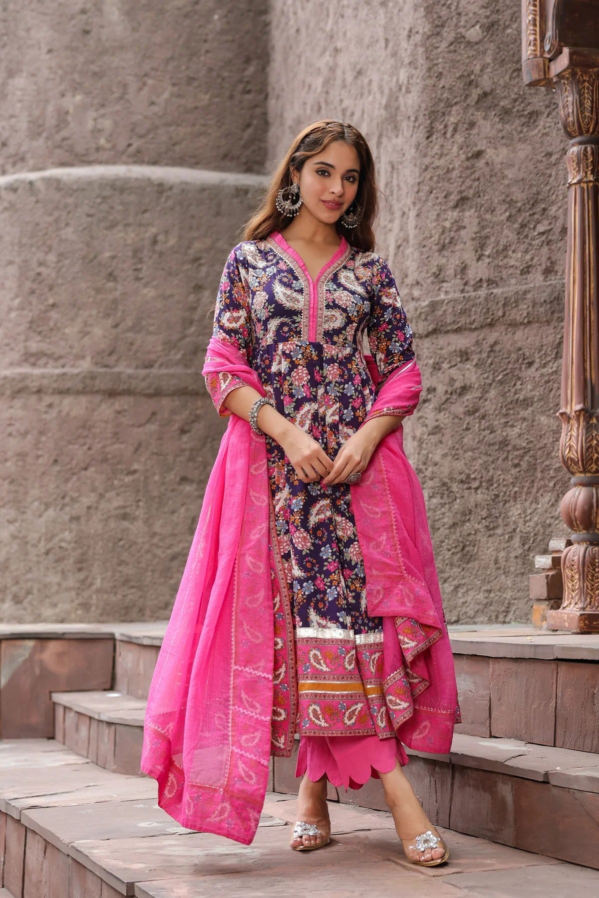 Premium Navy Blue Floral Printed Anarkali Kurta Set with Pink Dupatta