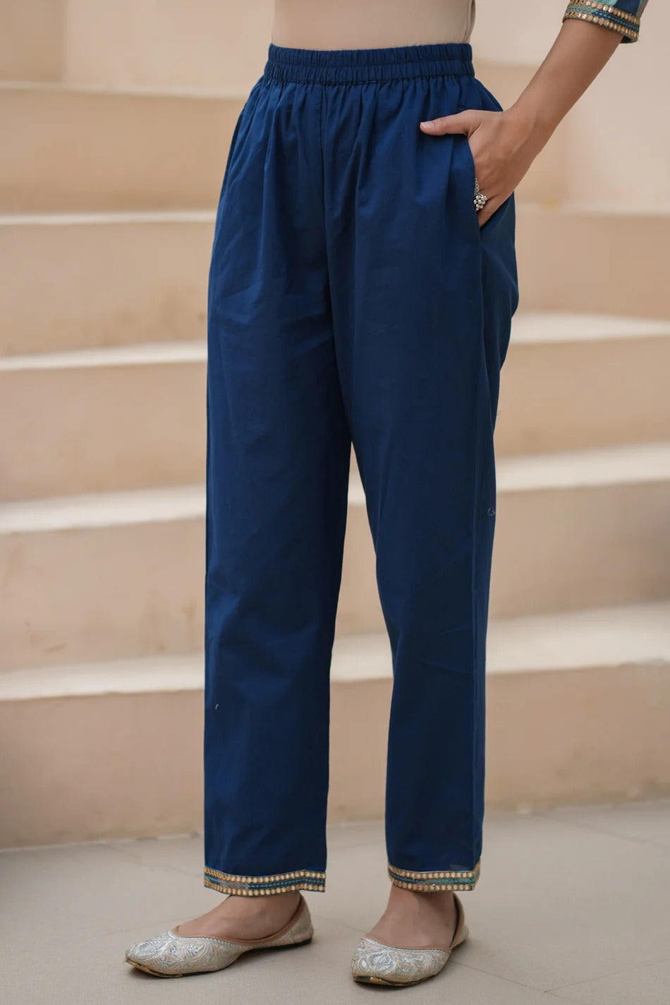 Premium Navy Blue Floral Printed Straight Kurta Set with Chiffon Dupatta