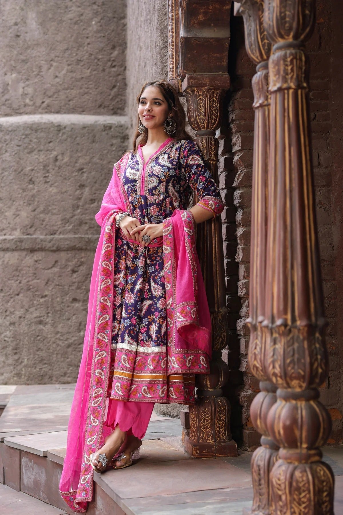 Premium Navy Blue Floral Printed Anarkali Kurta Set with Pink Dupatta