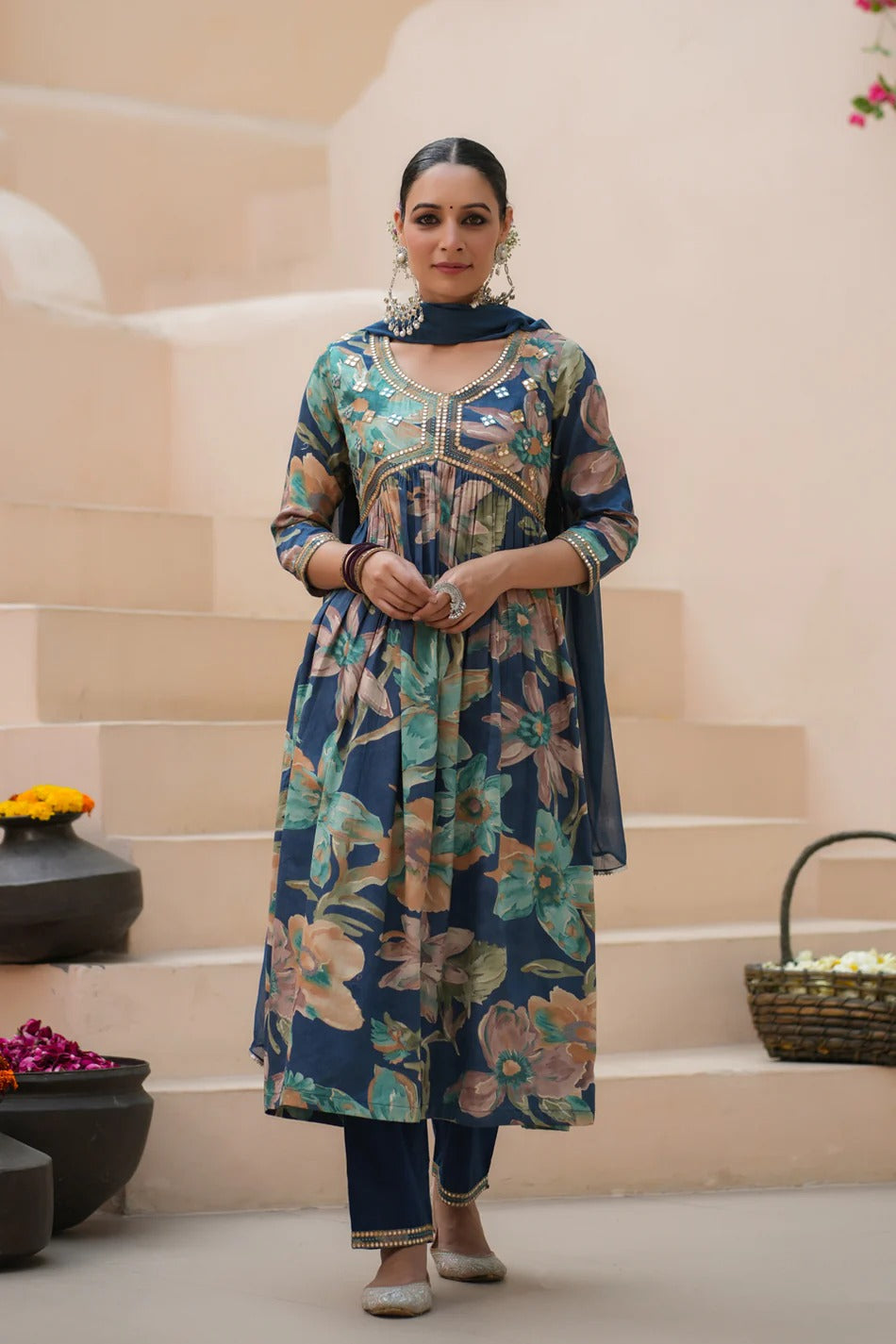Premium Navy Blue Floral Printed Straight Kurta Set with Chiffon Dupatta