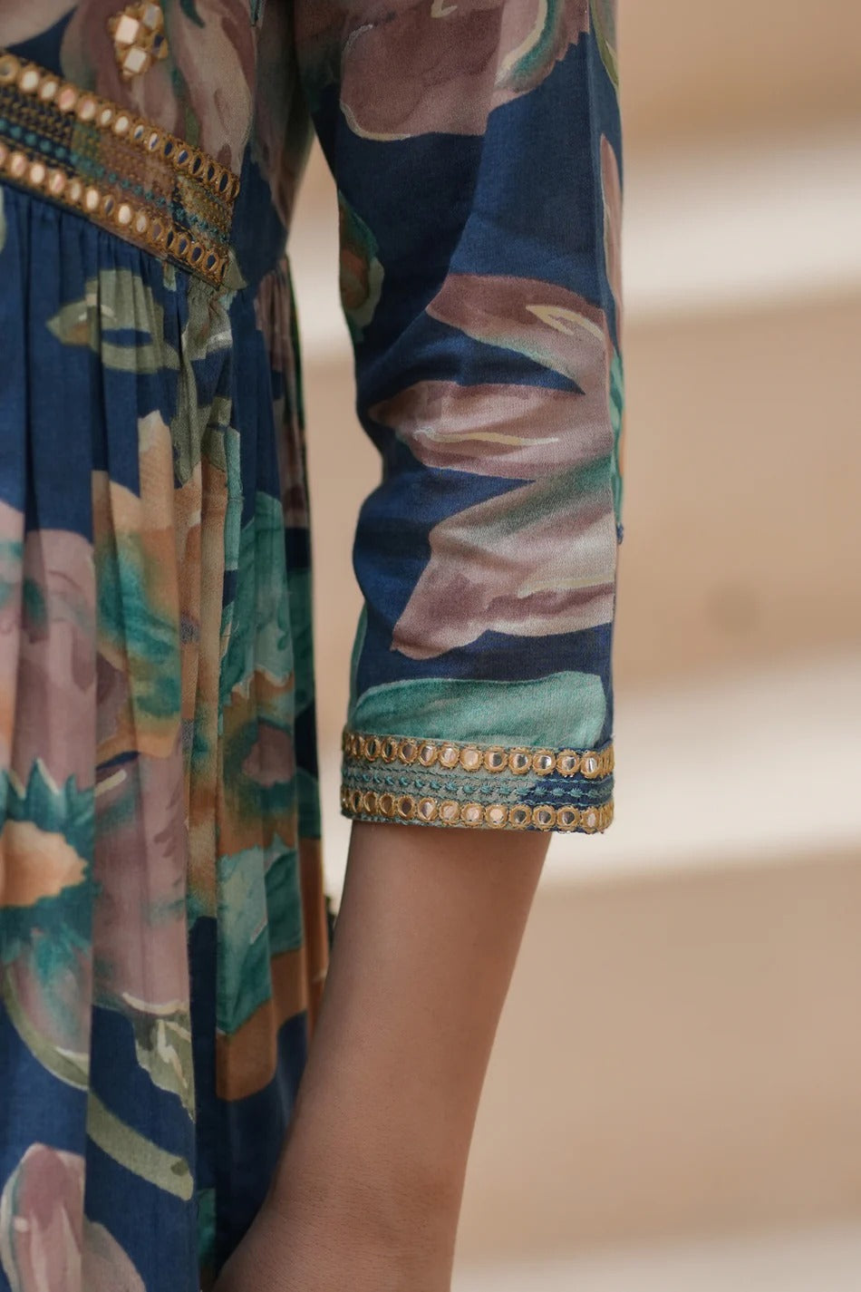 Premium Navy Blue Floral Printed Straight Kurta Set with Chiffon Dupatta