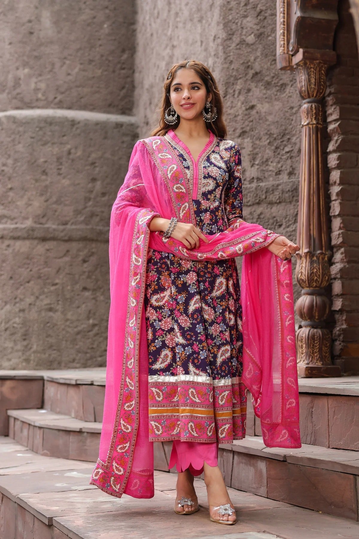 Premium Navy Blue Floral Printed Anarkali Kurta Set with Pink Dupatta
