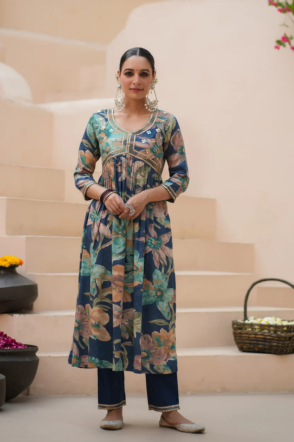 Premium Navy Blue Floral Printed Straight Kurta Set with Chiffon Dupatta