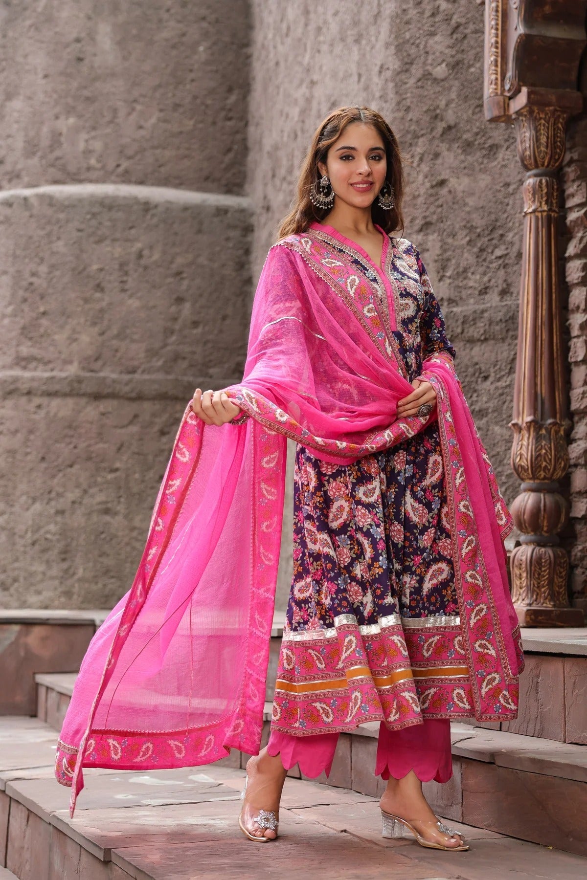 Premium Navy Blue Floral Printed Anarkali Kurta Set with Pink Dupatta