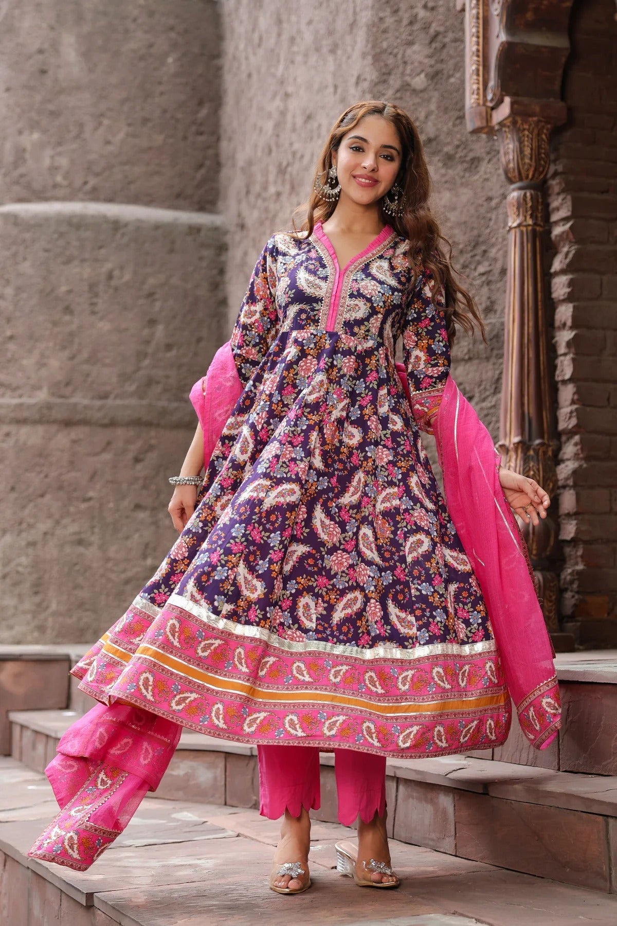 Premium Navy Blue Floral Printed Anarkali Kurta Set with Pink Dupatta