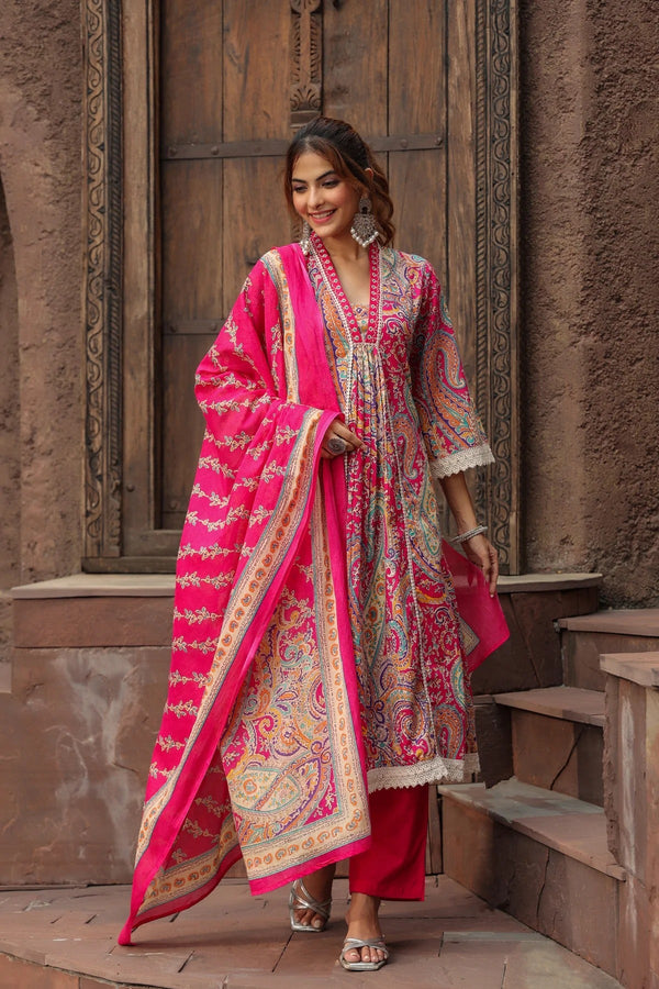 Premium Pink Paisley Printed Cotton Blend Anarkali Kurta Set with Dupatta