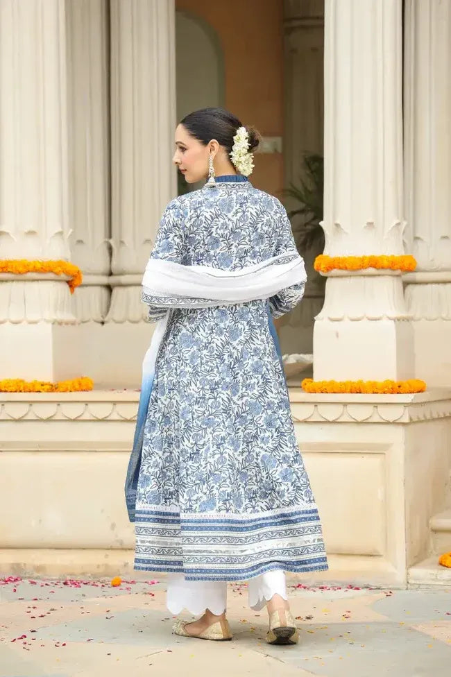 Premium Blue Floral Printed Anarkali Kurta Set with Organza Dupatta