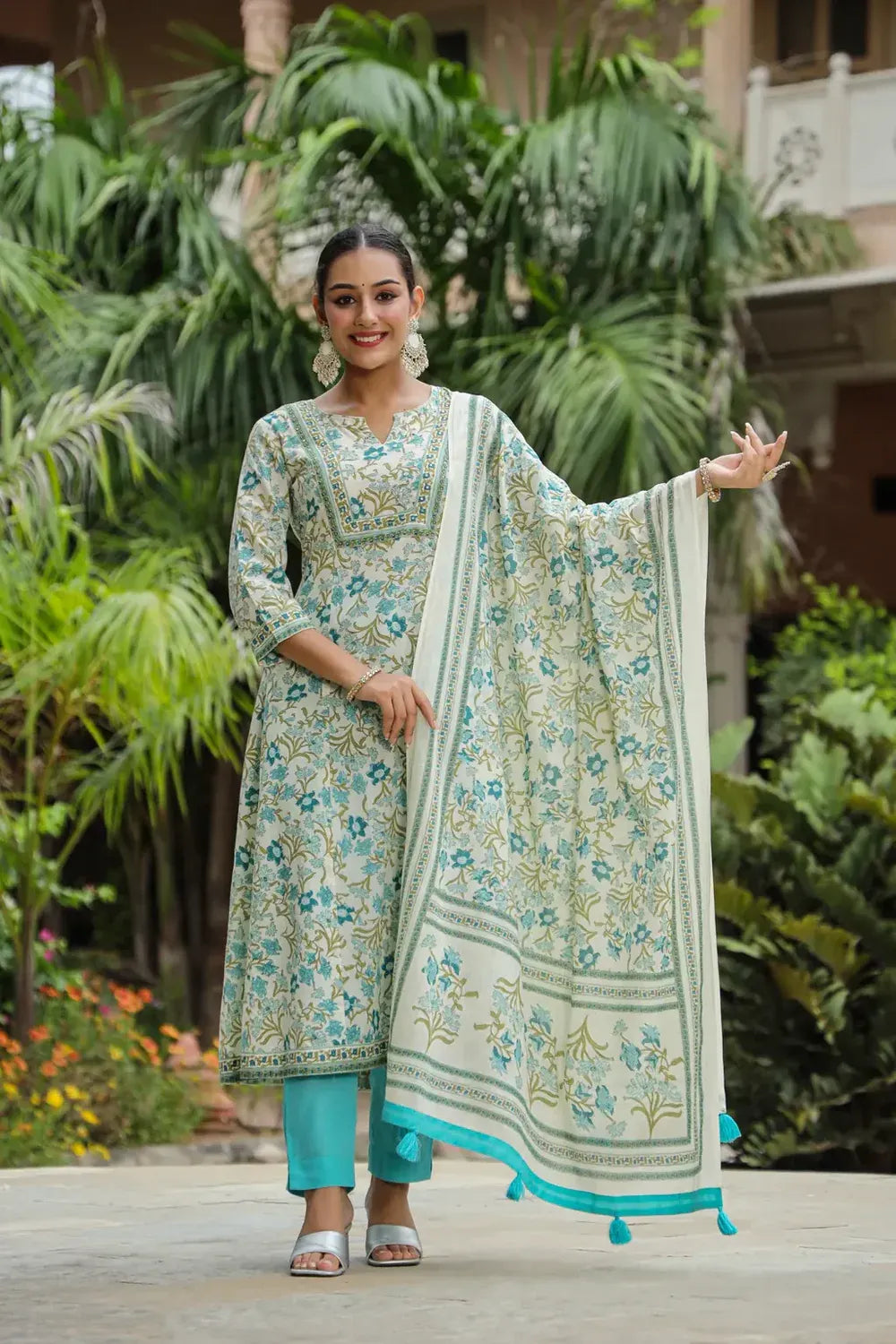 Premium White & Aqua Blue Floral Printed Straight Kurta Set with Cotton Dupatta
