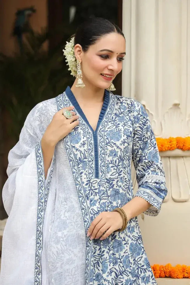 Premium Blue Floral Printed Anarkali Kurta Set with Organza Dupatta