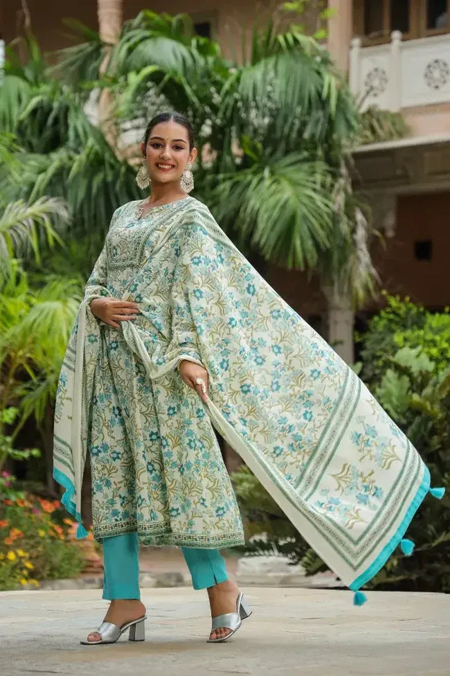 Premium White & Aqua Blue Floral Printed Straight Kurta Set with Cotton Dupatta