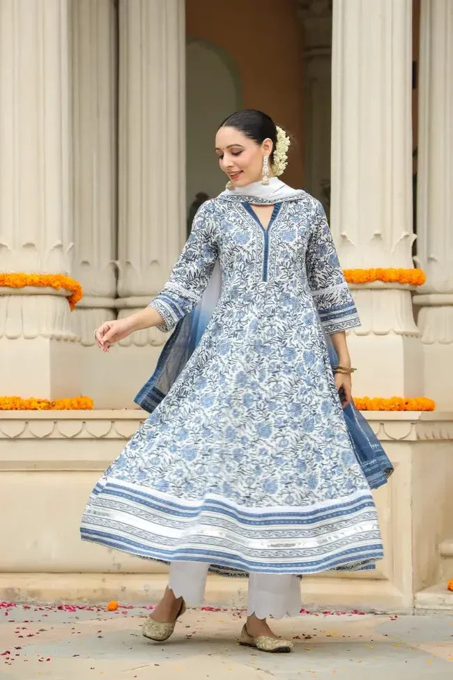 Premium Blue Floral Printed Anarkali Kurta Set with Organza Dupatta