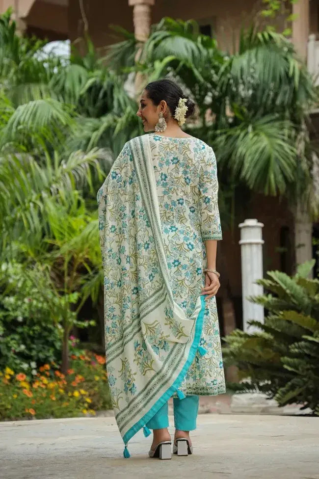 Premium White & Aqua Blue Floral Printed Straight Kurta Set with Cotton Dupatta