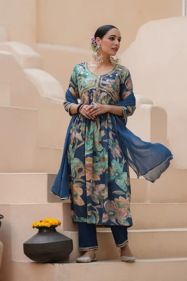 Premium Navy Blue Floral Printed Straight Kurta Set with Chiffon Dupatta