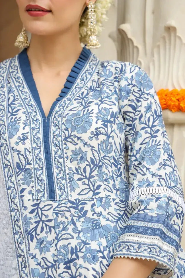 Premium Blue Floral Printed Anarkali Kurta Set with Organza Dupatta