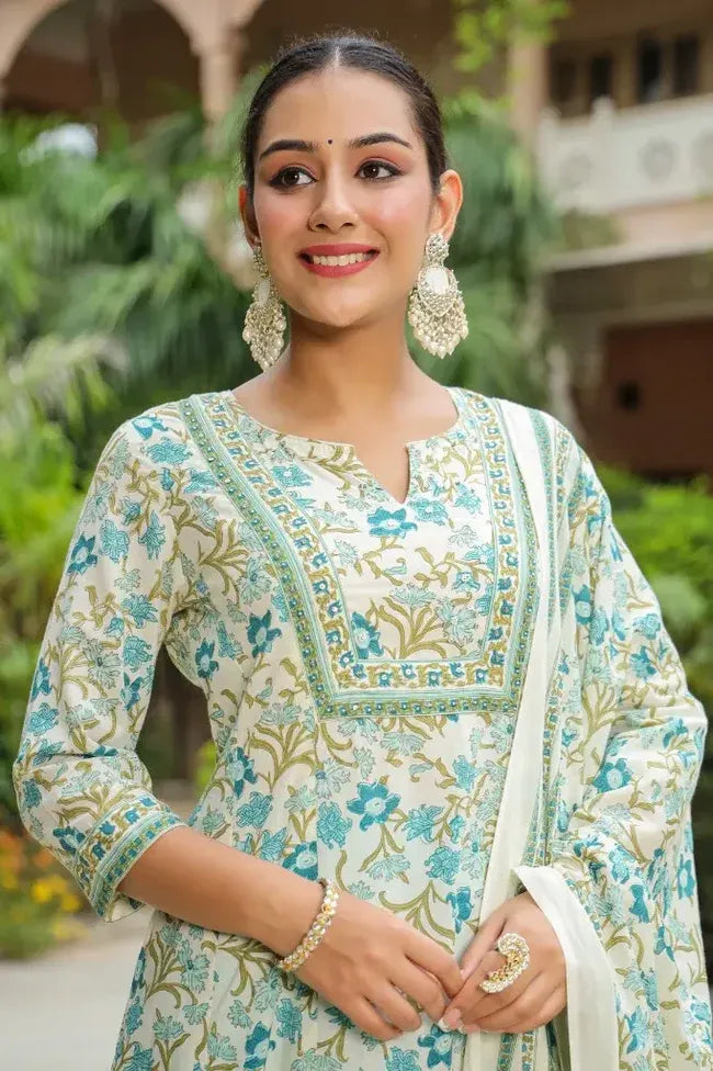 Premium White & Aqua Blue Floral Printed Straight Kurta Set with Cotton Dupatta