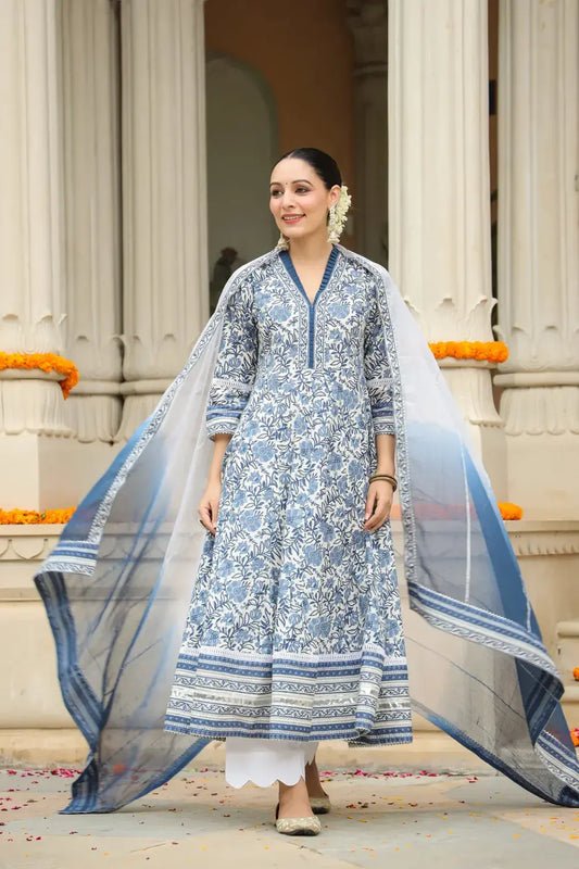 Premium Blue Floral Printed Anarkali Kurta Set with Organza Dupatta