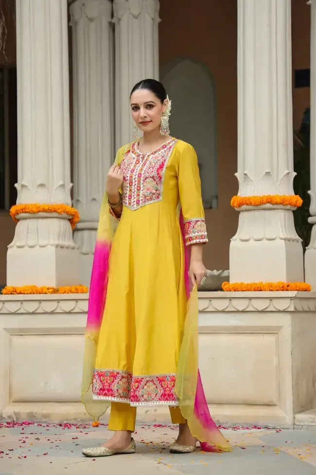 Premium Mustard Yellow Embroidered Anarkali Kurta Set with Multicolor Organza Dupatta
