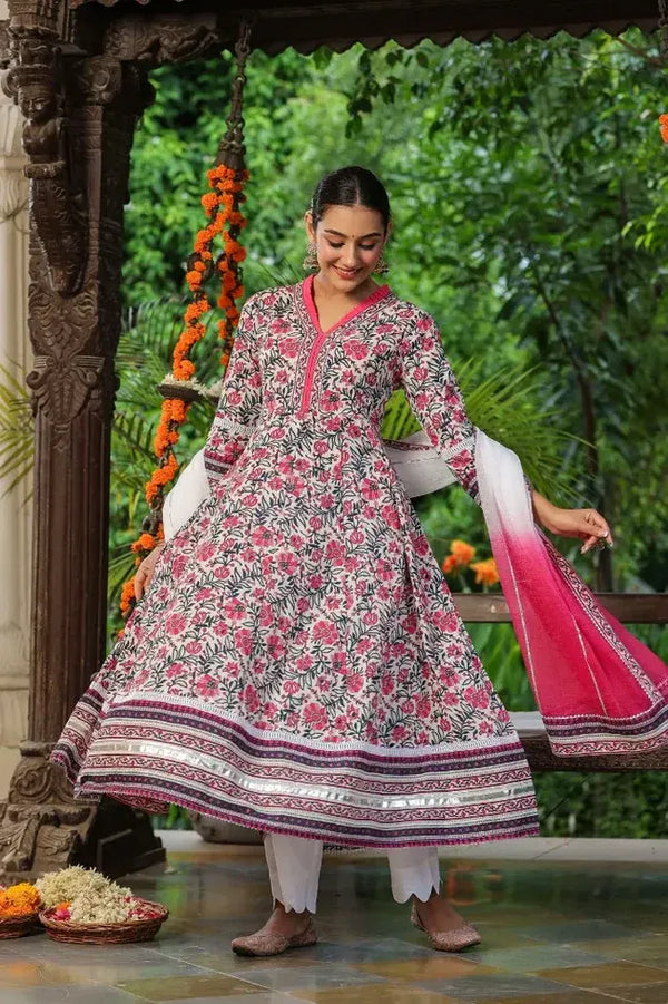 Premium White & Pink Floral Printed Anarkali Kurta Set with Ombre Dupatta