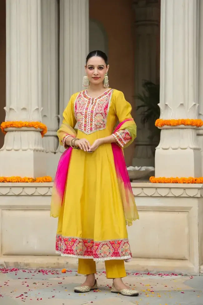 Premium Mustard Yellow Embroidered Anarkali Kurta Set with Multicolor Organza Dupatta