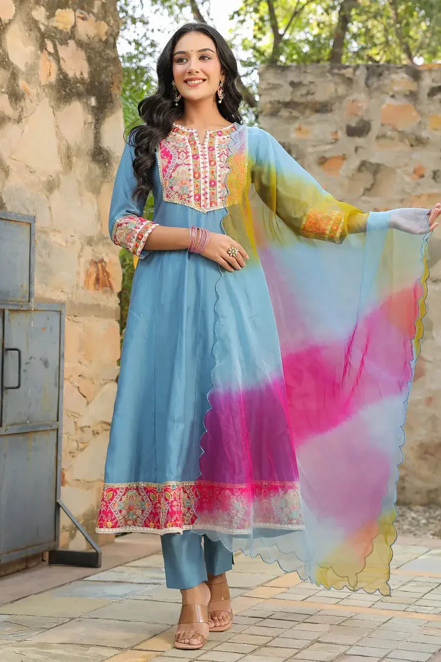 Premium Sky Blue Embroidered Anarkali Kurta Set with Multicolor Organza Dupatta