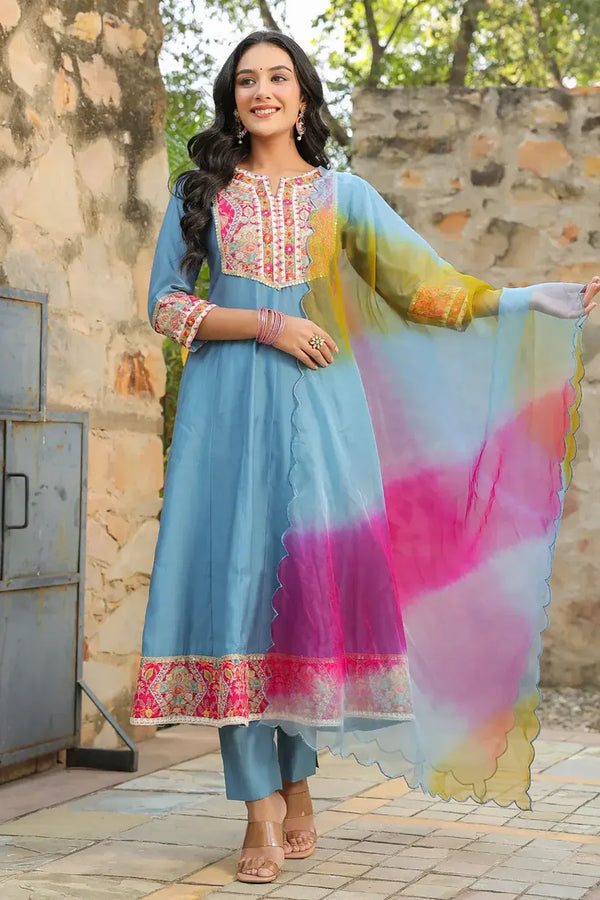 Premium Sky Blue Embroidered Anarkali Kurta Set with Multicolor Organza Dupatta