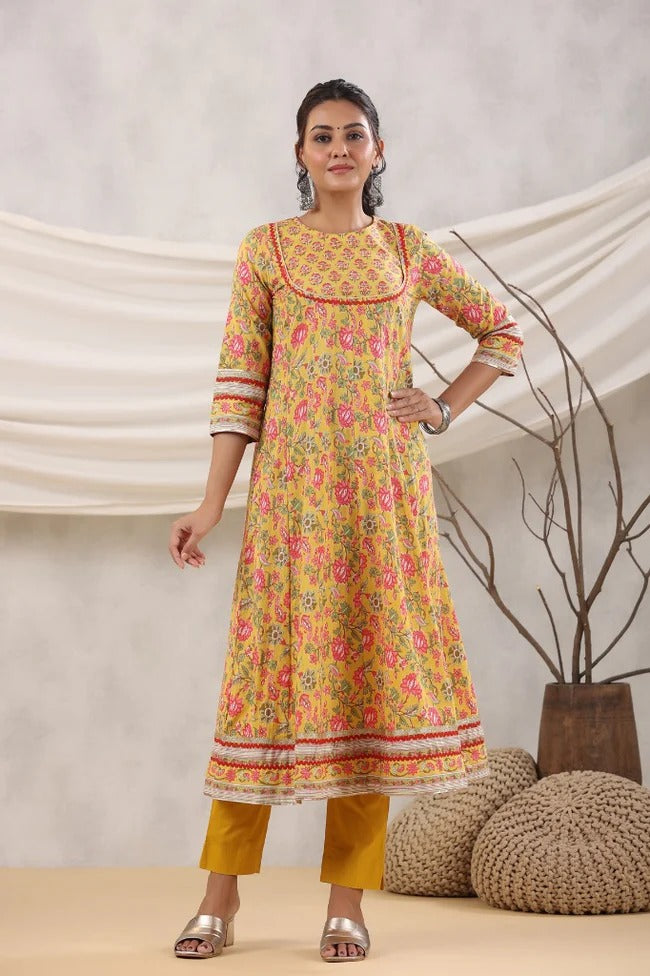 Premium Mustard Yellow Floral Printed Anarkali Kurta Set with Cotton Dupatta