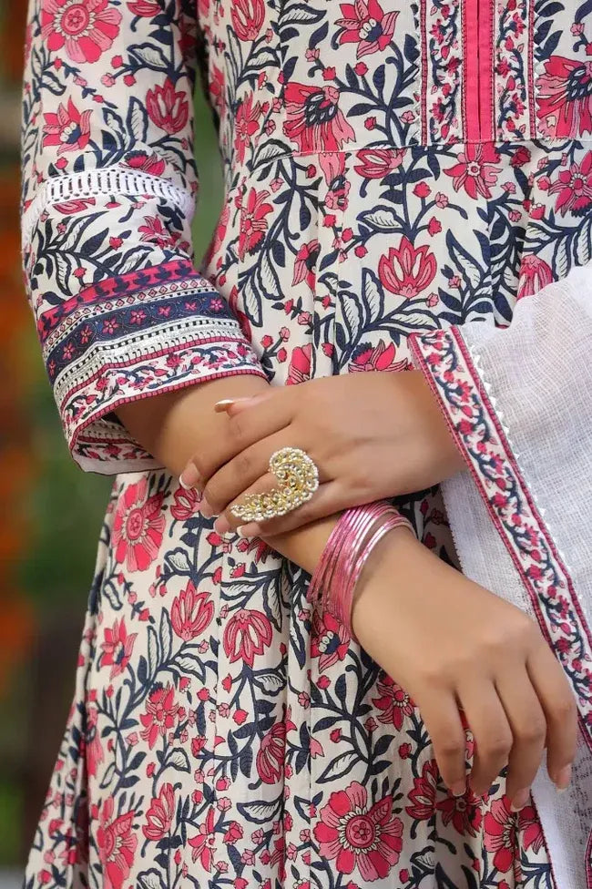 Premium White & Pink Floral Printed Anarkali Kurta Set with Ombre Dupatta
