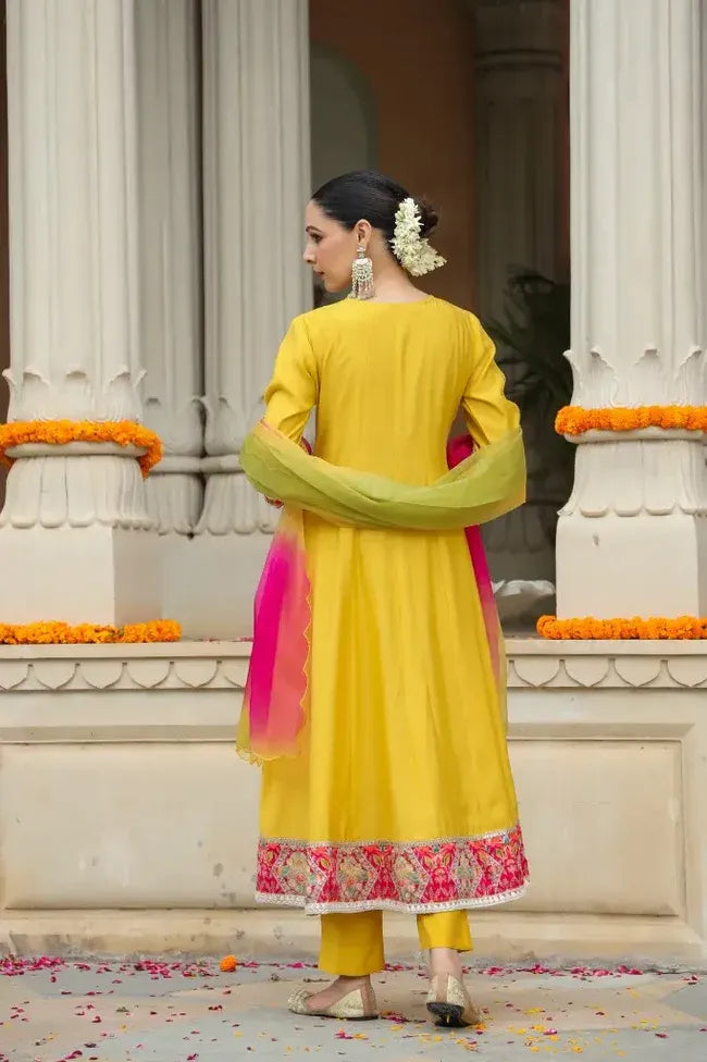 Premium Mustard Yellow Embroidered Anarkali Kurta Set with Multicolor Organza Dupatta