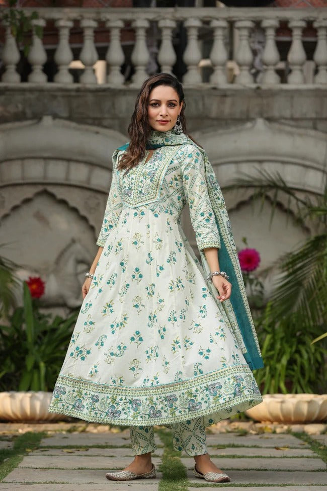 Premium White & Teal Floral Printed Anarkali Kurta Set with Cotton Dupatta