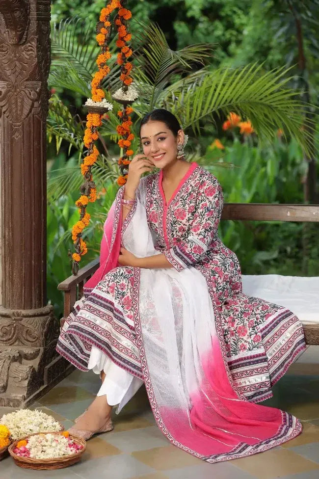 Premium White & Pink Floral Printed Anarkali Kurta Set with Ombre Dupatta